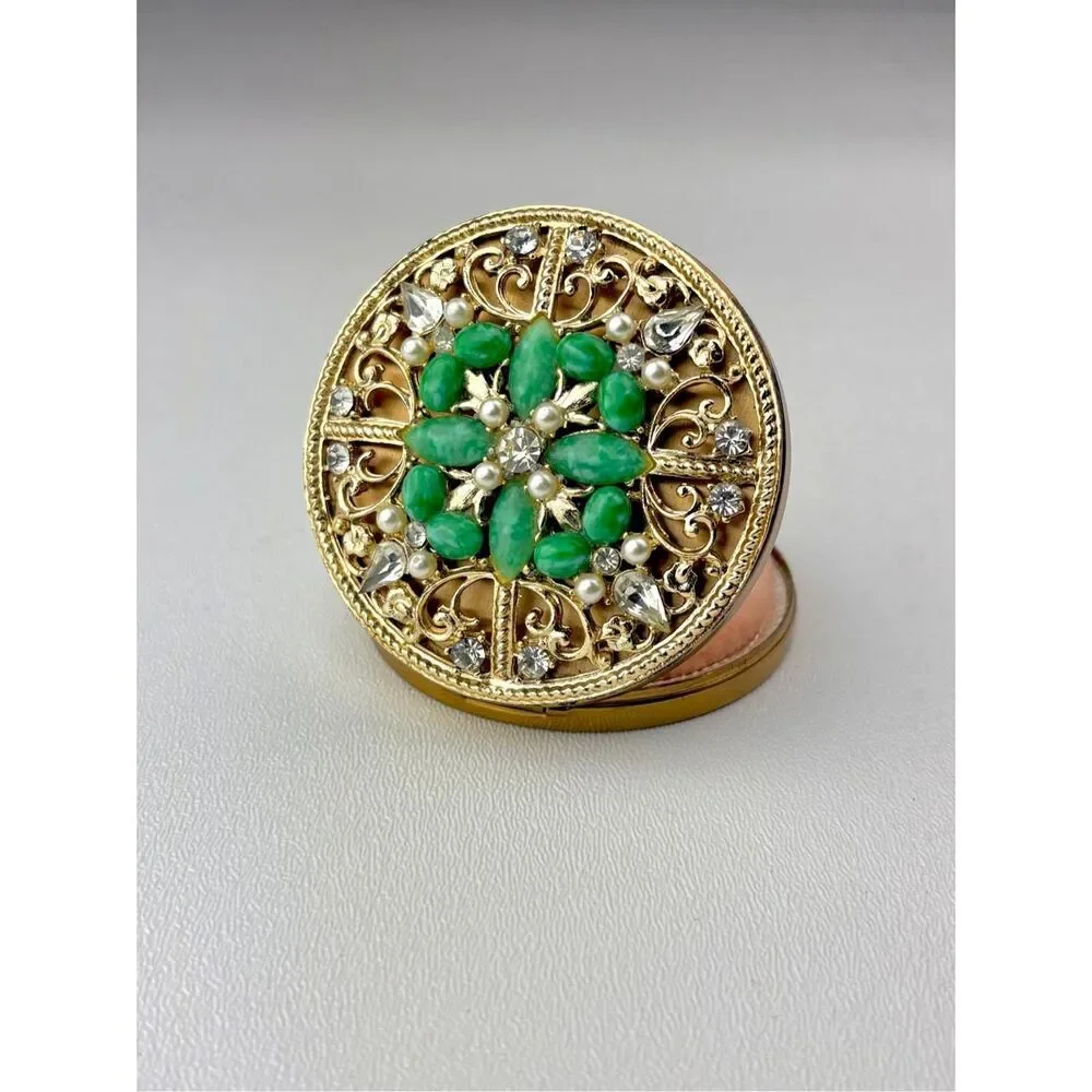 Vintage Sam Fink S.F. Co Fifth Ave Pressed Powder Compact Jewels Rhinestones AX2